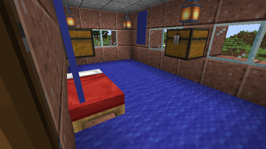 Bedroom of the castle, blue carpet, red bed, tool locker, food locker